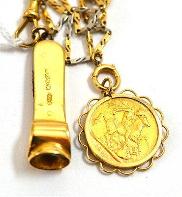 Lot 207 - An 18ct gold cigar cutter, suspended from a two colour albert chain, stamped '18c' and with a...