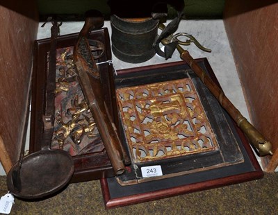 Lot 243 - Miscellaneous items including carved wooden Chinese plaques; a flintlock musket etc (7)