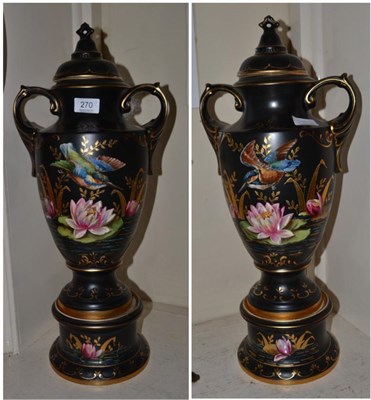 Lot 270 - A pair of Aesthetic movement twin-handled vases and covers, in the Japanese taste, hand...