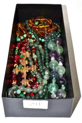 Lot 291 - Two green hardstone bead necklaces, a filigree cross pendant, four other bead necklaces and a...