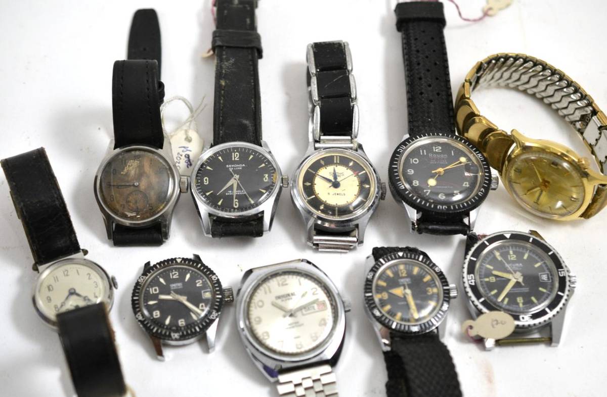 Lot 293 - Ten gents wristwatches signed Sicura, Bulova Accutron, Rovan, Smiths etc