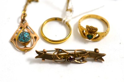 Lot 296 - An Art Nouveau turquoise set pendant, a 9ct gold gem set bar brooch, a 9ct gold and emerald...