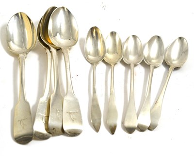Lot 301 - Set of four Irish silver dessert spoons, marked for Dublin, together with a set of five white metal