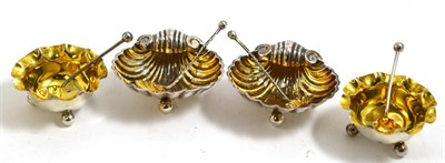 Lot 302 - Pair of silver shell form salts, with gilt interiors and similar spoons, together with another pair