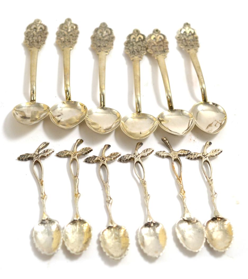 Lot 305 - Set of six teaspoons stamped '925', together with a set of six silver coffee spoons each with...