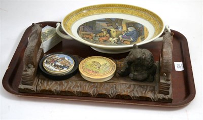 Lot 320 - Group of Prattware including two pot lids, one decorated with a figure of a bear 'Alas! Poor...