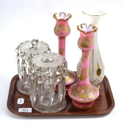 Lot 321 - Group of 19th century glass including table lustres, pair of gilt highlighted pink vases and a gilt