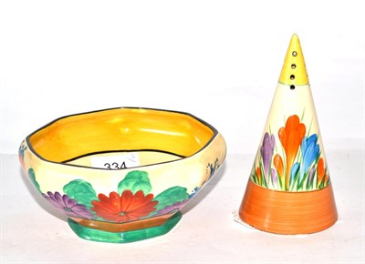 Lot 334 - A Clarice Cliff conical caster and an octagonal bowl, Gay Day (2)