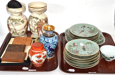 Lot 344 - Group of Oriental items including Chinese celadon plates, carved sandal wood card cases, cloisonne