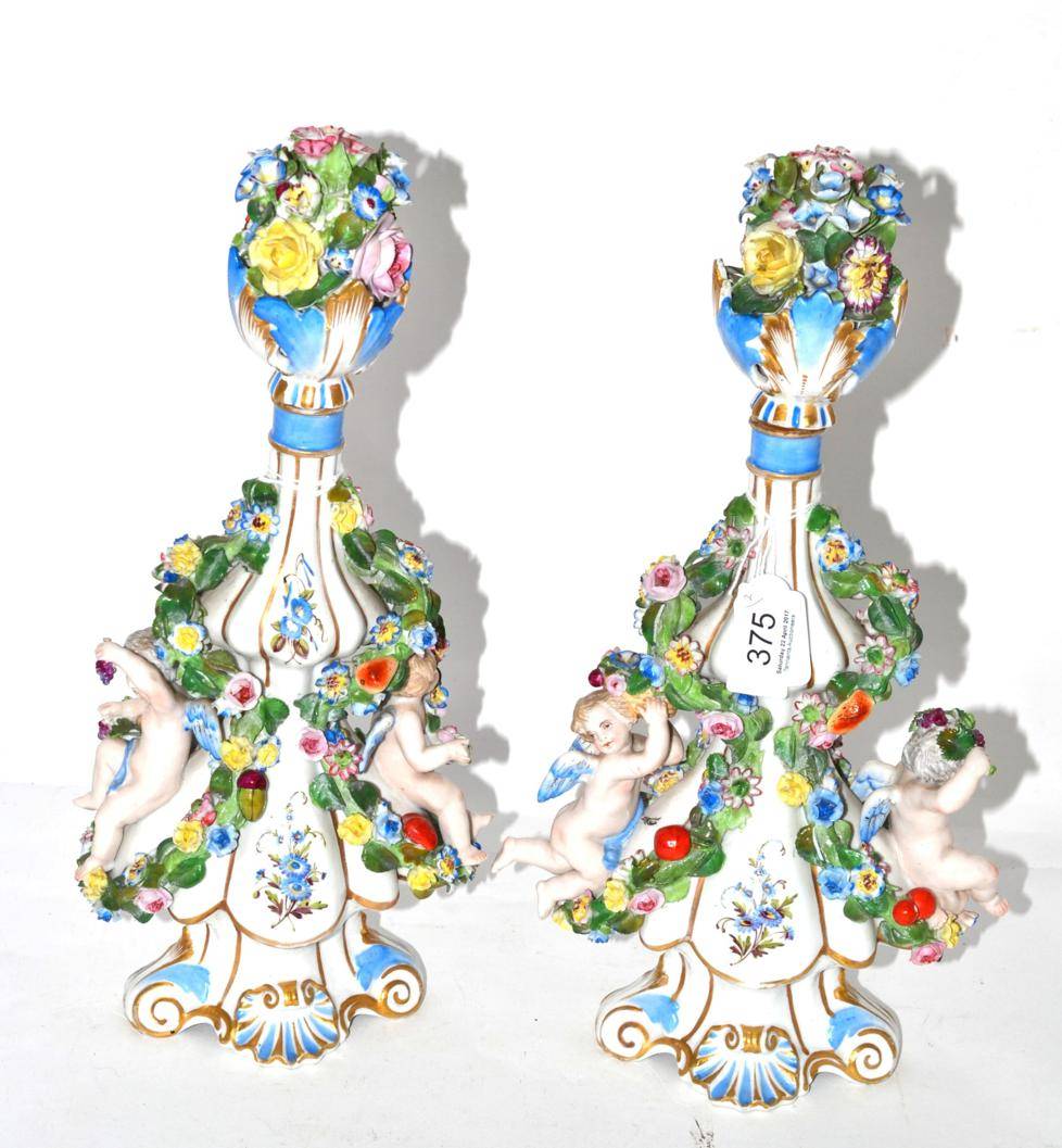 Lot 375 - A pair of 19th century German porcelain floral encrusted vases