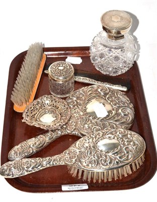 Lot 377 - Silver and cut glass scent bottle, four piece silver filled dressing table set, silver heart...