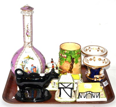 Lot 385 - A tray of collectable china including Coalport Cottages, Dresden bottle vase, mug with musical...