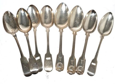 Lot 394 - Group of eight various silver serving spoons, marked for London and Dublin, various dates and...