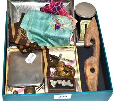 Lot 399 - A silver cigarette box, military buttons and sundry