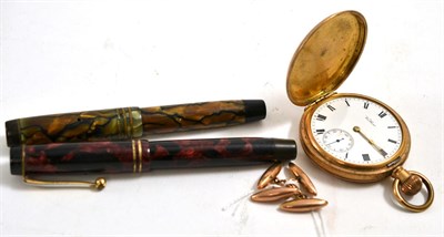 Lot 404 - Two parker pens, each with '14K' nips, pair of gent's 9ct gold cufflinks and a gold plated...