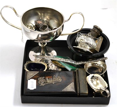 Lot 413 - Four silver salts, plated trophy cup, silver enamel compact, horn snuff box etc