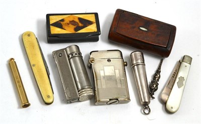 Lot 419 - A 9ct gold cigar piercer together with two lighters, two snuff boxes, silver cheroot holder,...