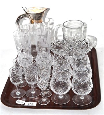 Lot 459 - A group of glass, including Edinburgh and Stuart champagnes, silver plated mounted jug etc