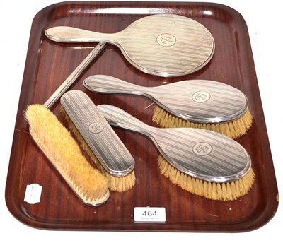 Lot 464 - Silver dressing table set comprising four brushes, a hand mirror and a comb (a.f.)