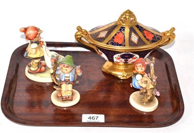 Lot 467 - Royal Crown Derby twin handled bowl and cover and three Hummel figures