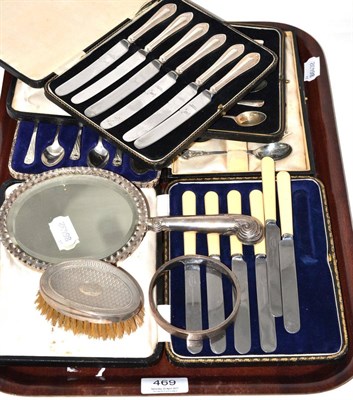 Lot 469 - Three cased sets of silver tea spoons, silver framed and handled pistol grip mirror etc