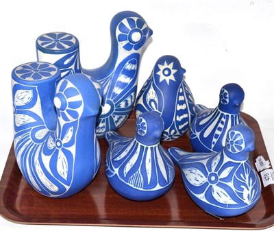 Lot 476 - Pablo Zabal (Chilean, 20th century), six ceramic blue and white figures incised signatures, various