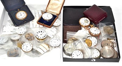 Lot 487 - Two open faced silver pocket watches, plated pocket watch, pocket watch movements, free sprung...