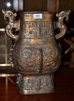 Lot 495 - A large Chinese bronze archaic style twin handled vase