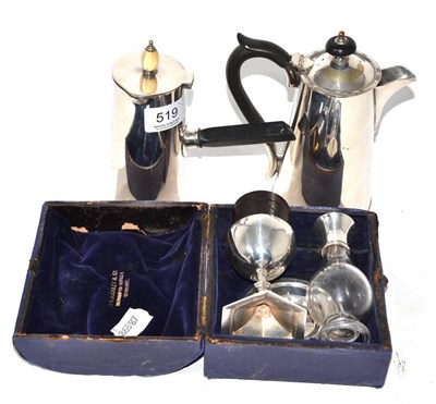 Lot 519 - A silver plated holy communion set (cased), a silver plated chocolate pot and a silver plated water