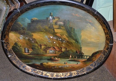 Lot 522 - A 19th century mother of pearl inlaid and painted papier mache tray, 'Heidelberg on Rhine, Germany'