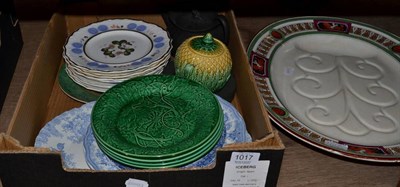 Lot 1017 - Turkey plate, black basalt teapot, majolica sugar bowl and cover, Wedgwood etc