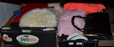 Lot 1022 - Assorted scarves, handbags, cashmere jumpers, leather gloves, white fox fur hat and faux fur...