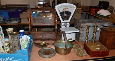 Lot 1057 - Smalls including china, brass, scales, mirror with drawers, smoking cabinet, box etc