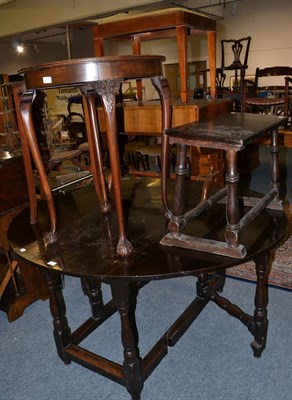 Lot 1072 - An oak drop leaf table, two stools, small modern drop leaf table, cylinder top bureau and two...