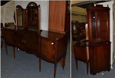 Lot 1087 - Reproduction mahogany pedestal dining table, matching sideboard, wicker tub chair, triptych...