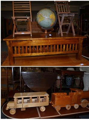 Lot 1089 - Table globe (a.f.), pine dough trough, brass fire irons, linen, three tables, cake stand etc