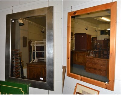 Lot 1104 - A pine framed mirror 5ft by 3ft and a silver coloured framed mirror 3ft by 2ft6"