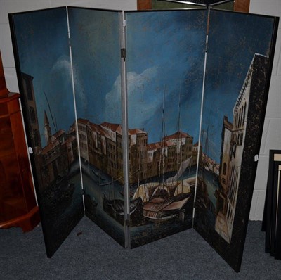 Lot 1115 - Painted four fold screen, decorated with a Venetian scene