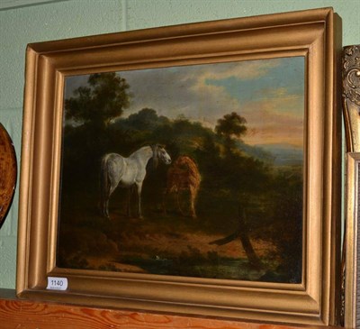 Lot 1140 - After George Stubbs (1724-1806) A grey mare and foal in a wooded landscape, oil on board, 31cm...