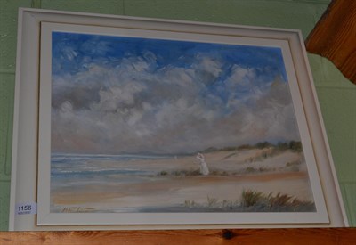 Lot 1156 - Miles Fairhurst (born 1955), oil on panel, beach scene with figures, 39.5 by 49.5cm