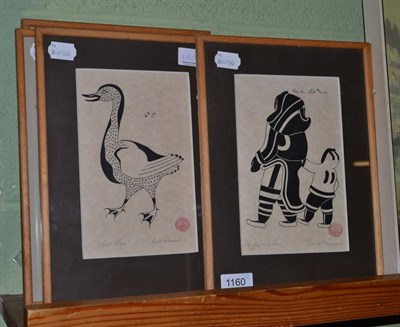 Lot 1160 - Enook Manomie (b.1945), a set of three signed woodblock prints, 'Ice Fisherman', 'Mother and...