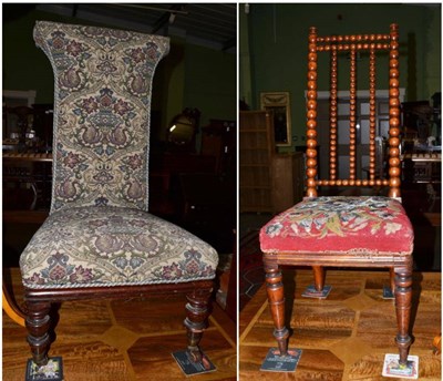 Lot 1214 - A Victorian bobbin turned chair with needlework seat, together with a nursing chair of similar date