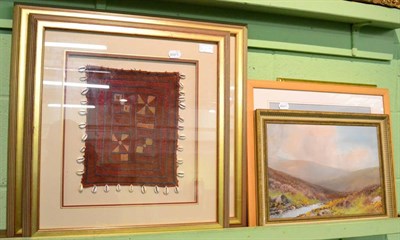 Lot 1296 - 20th century landscape oil, a watercolour, a print and two framed tribal textiles