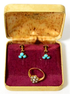Lot 6 - A seed pearl ring and a pair of turquoise earrings (2)