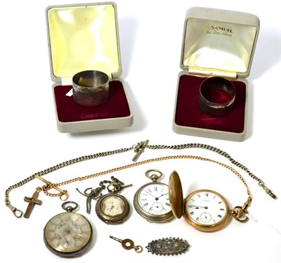 Lot 7 - Three various silver watches, a gold plated pocket watch and two silver napkin rings etc (8)