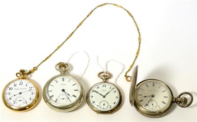 Lot 10 - Spanish white metal cased pocket watch, two plated pocket watches and a gilt pocket watch and chain