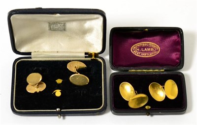 Lot 13 - Two pairs of 9 carat gold cufflinks and three 18 carat gold dress studs