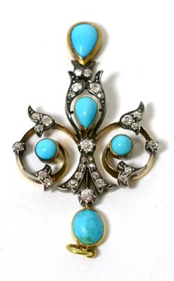 Lot 21 - An Art Nouveau turquoise and diamond pendant, measures 5cm by 3cm