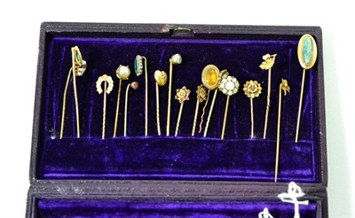 Lot 25 - Seventeen various gold and other stick pins, including a diamond set example and a seed pearl...