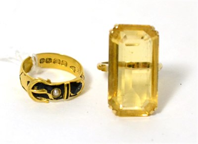 Lot 32 - An 18 carat gold black enamel and pearl mourning buckle ring (a.f.), finger size P1/2 and a citrine
